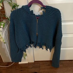 Zaful Distressed Blue Double Zip Hoodie